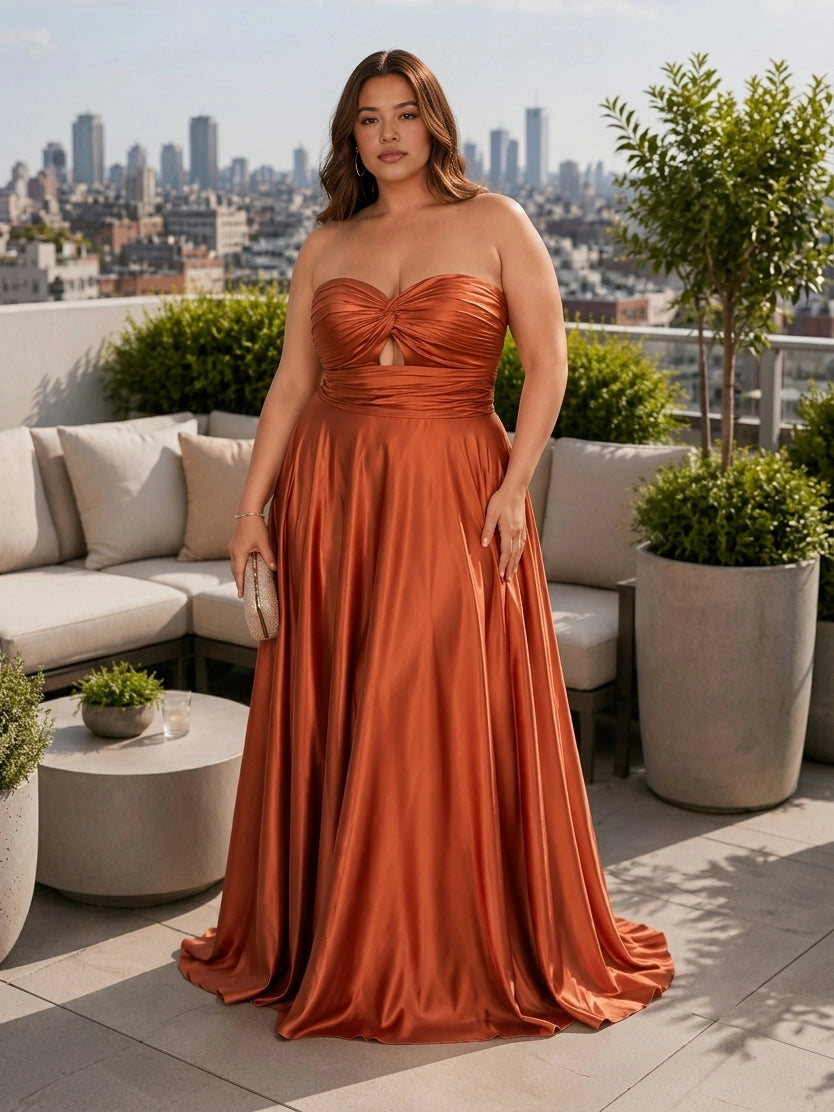 Roselledress terracotta plus size prom dress strapless twist keyhole front ruched satin a line gown front view