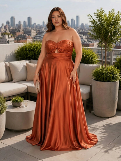 Roselledress terracotta plus size prom dress strapless twist keyhole front ruched satin a line gown front view