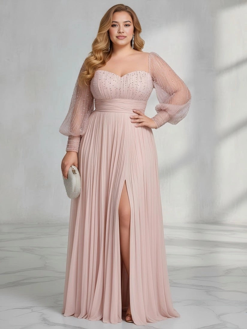 Roselledress dusty pink pleated chiffon plus size bridesmaid dress front view, sweetheart beaded tulle sleeve gown with high slit