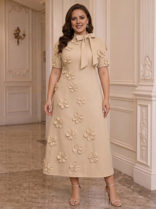 Roselledress beige plus size mother of the bride dress front view, tie neck short sleeve a-line midi gown decorated with 3D floral appliques