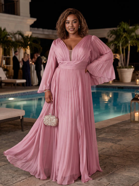 Roselledress dusty pink pleated plus size wedding guest dress front view, deep v neck bell sleeve chiffon formal gown with pockets