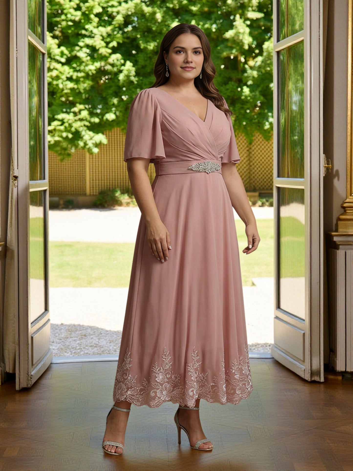 Roselledress dusty pink plus size mother of the bride dress front view, flutter sleeve embroidered hem a‑line midi gown