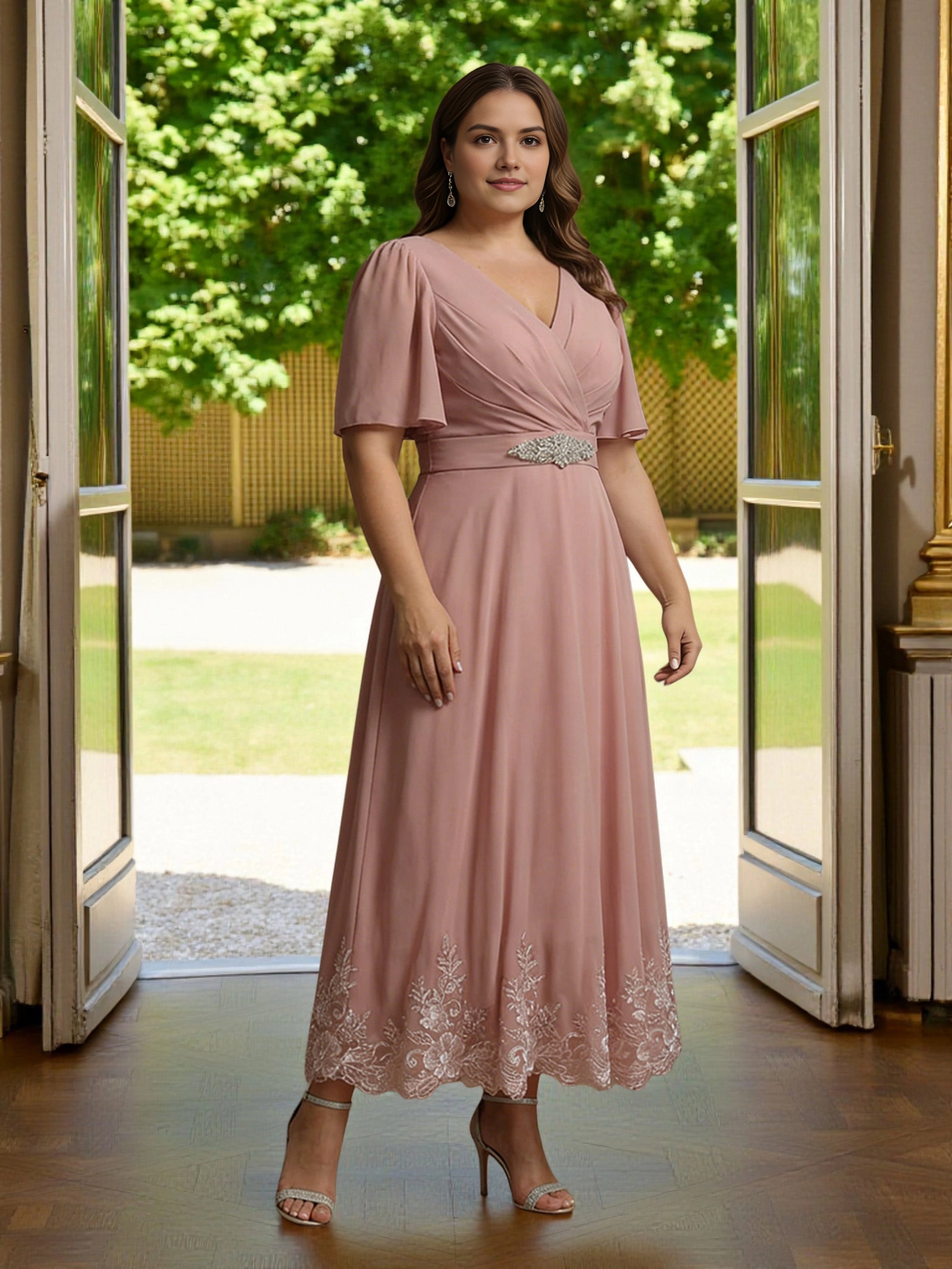 Roselledress dusty pink plus size mother of the bride dress front view, flutter sleeve embroidered hem a‑line midi gown