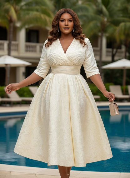 Roselledress cream plus size mother of bride dress v neck 3/4 sleeve jacquard a line midi gown front view
