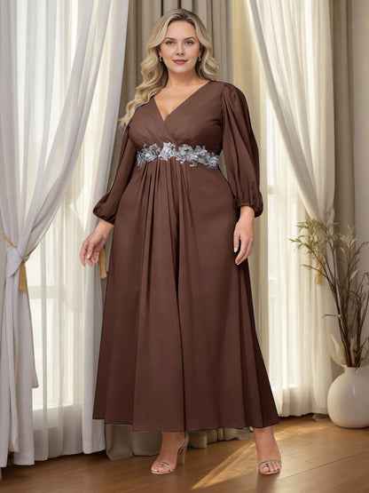 Roselledress brown plus size mother of the bride dress front view, long balloon sleeve silver floral applique floor length gown