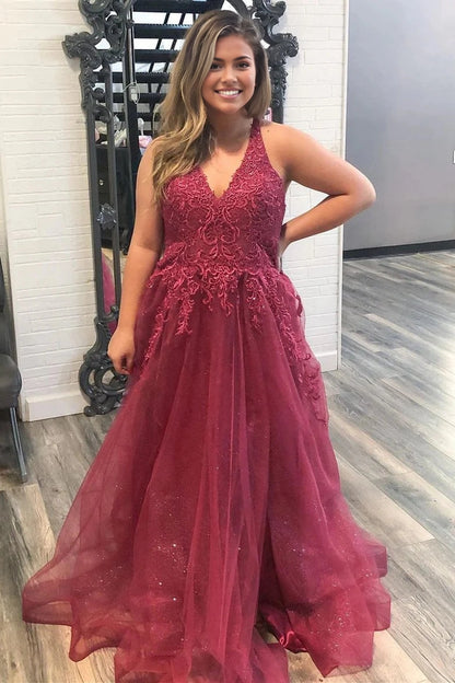 Roselledress burgundy lace tulle plus size prom dress front view,v‑neck sleeveless a‑line sparkly formal evening gown