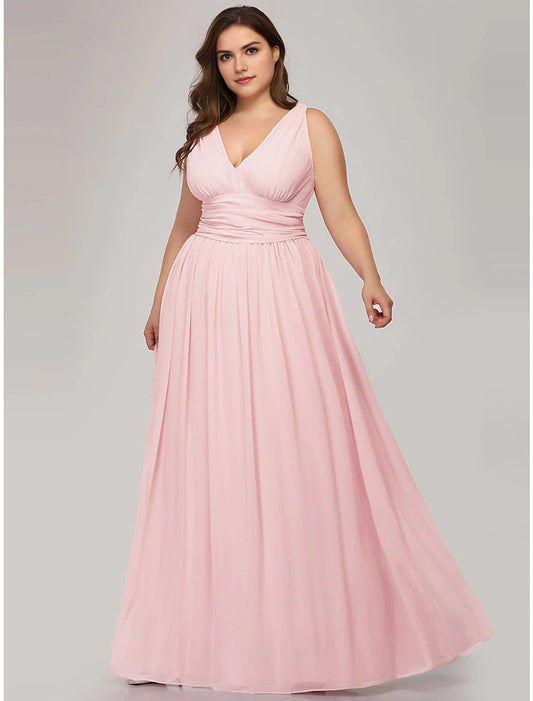 Roselledress blush chiffon plus size bridesmaid dress front view,sleeveless v‑neck a‑line gown with ruched waist