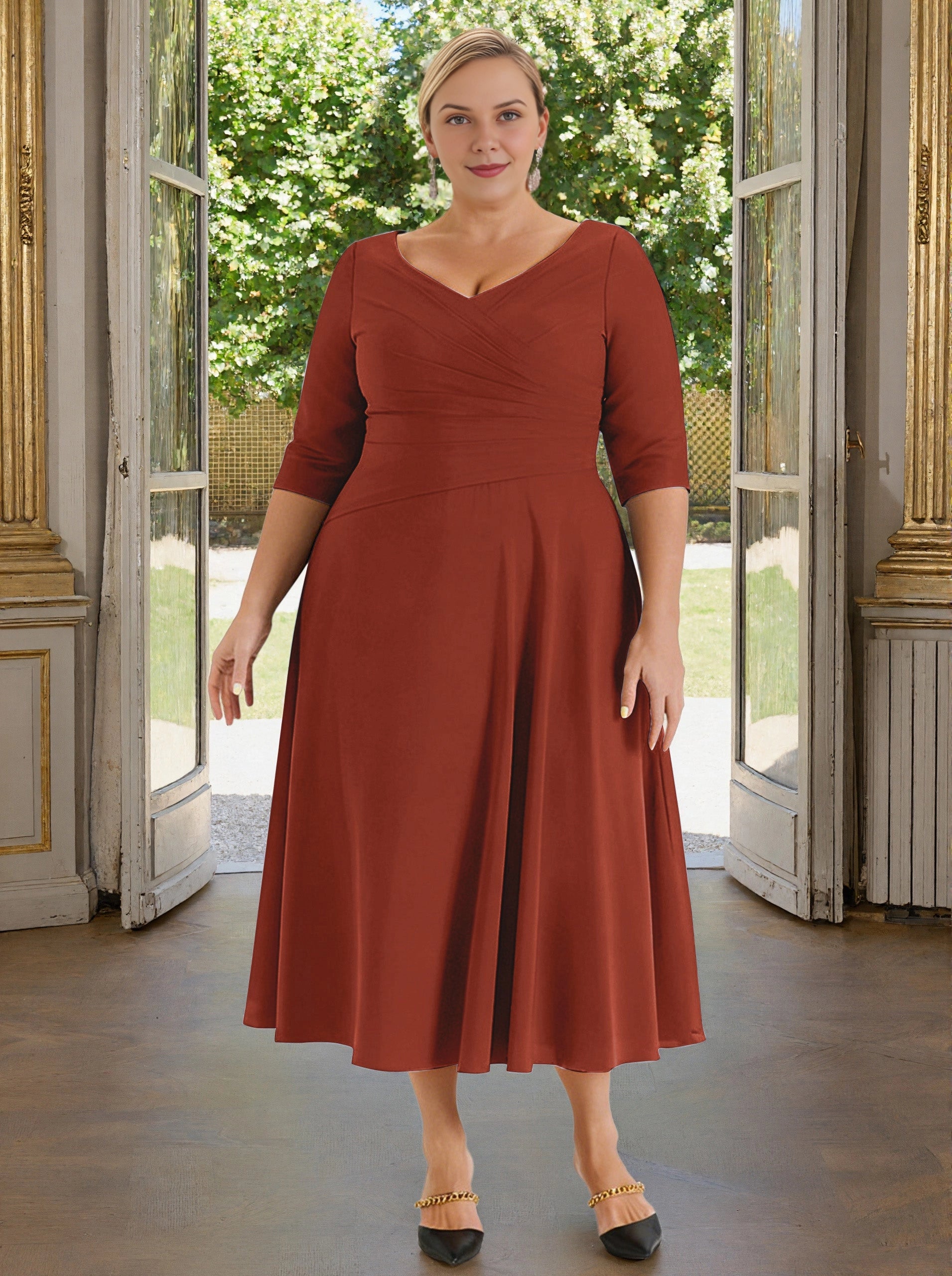 Roselledress terracotta plus size mother of bride dress v neck 3/4 sleeve tea‑length a‑line gown front view