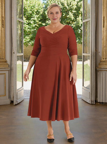 Roselledress terracotta plus size mother of bride dress v neck 3/4 sleeve tea‑length a‑line gown front view