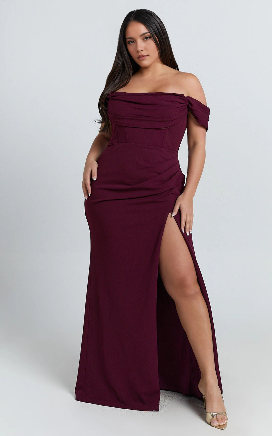 Roselledress burgundy plus size prom dress off shoulder draped corset bodice ruched waist slit mermaid maxi gown front view