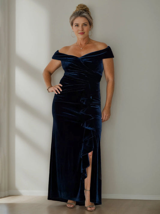 Roselledress navy blue plus size velvet mermaid formal dress off shoulder ruched bodice ruffle slit gown front view