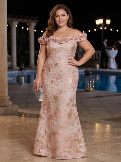 Roselledress blush pink plus size mother of bride dress off the shoulder 3D floral lace mermaid gown front view