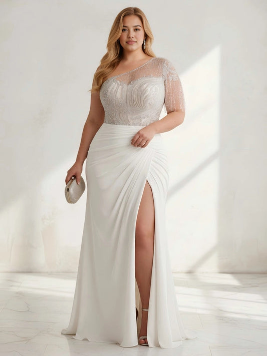 Roselledress plus size white mermaid formal gown front view, one shoulder beaded lace bodice high slit chiffon evening dress with tassel fringe
