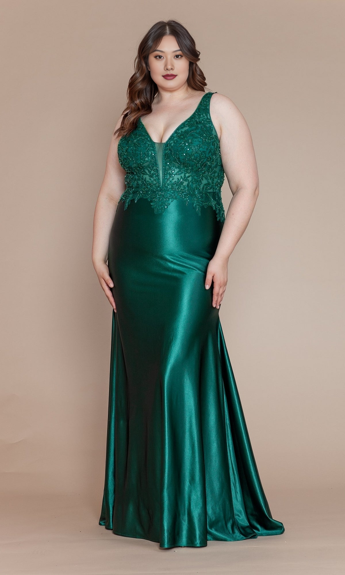 Roselledress emerald green plus size prom dress front view, beaded lace bodice satin mermaid formal gown