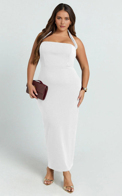 Roselledress white plus size midi wedding guest dress halter neck bodycon sheath gown front view
