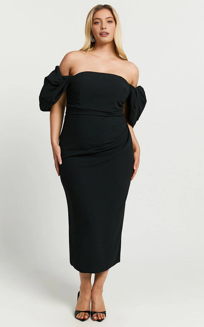 Roselledress black plus size midi wedding guest dress off shoulder puff sleeve ruched sheath gown front view