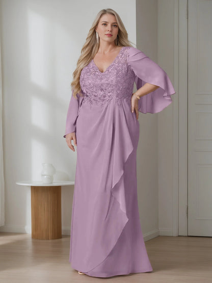 Roselledress lavender plus size mother of the bride dress lace applique v-neck flutter sleeve chiffon formal gown front view