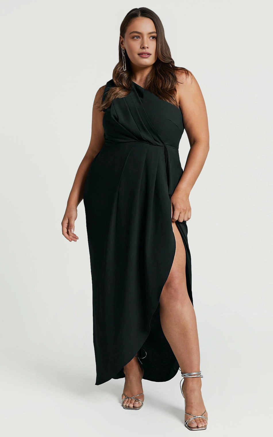 Roselledress navy plus size maxi formal dress one shoulder wrap ruched thigh high slit evening gown front view