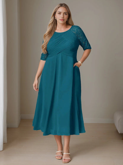 Roselledress teal plus size mother of the bride dress round neck lace elbow sleeve chiffon midi gown with side pockets front view
