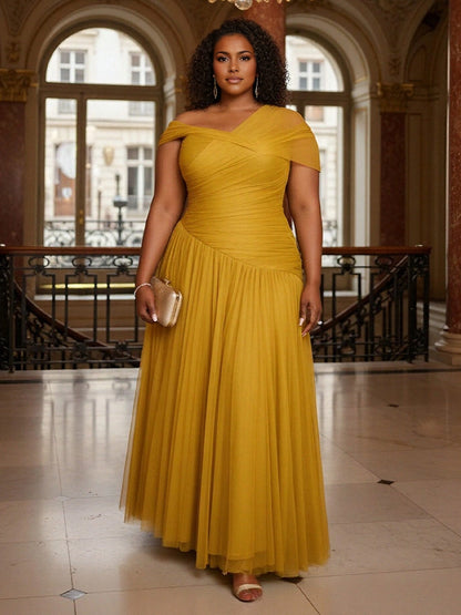 roselledress mustard plus size wedding guest dress asymmetric off shoulder short sleeve ruched bodice tulle a‑line floor gown