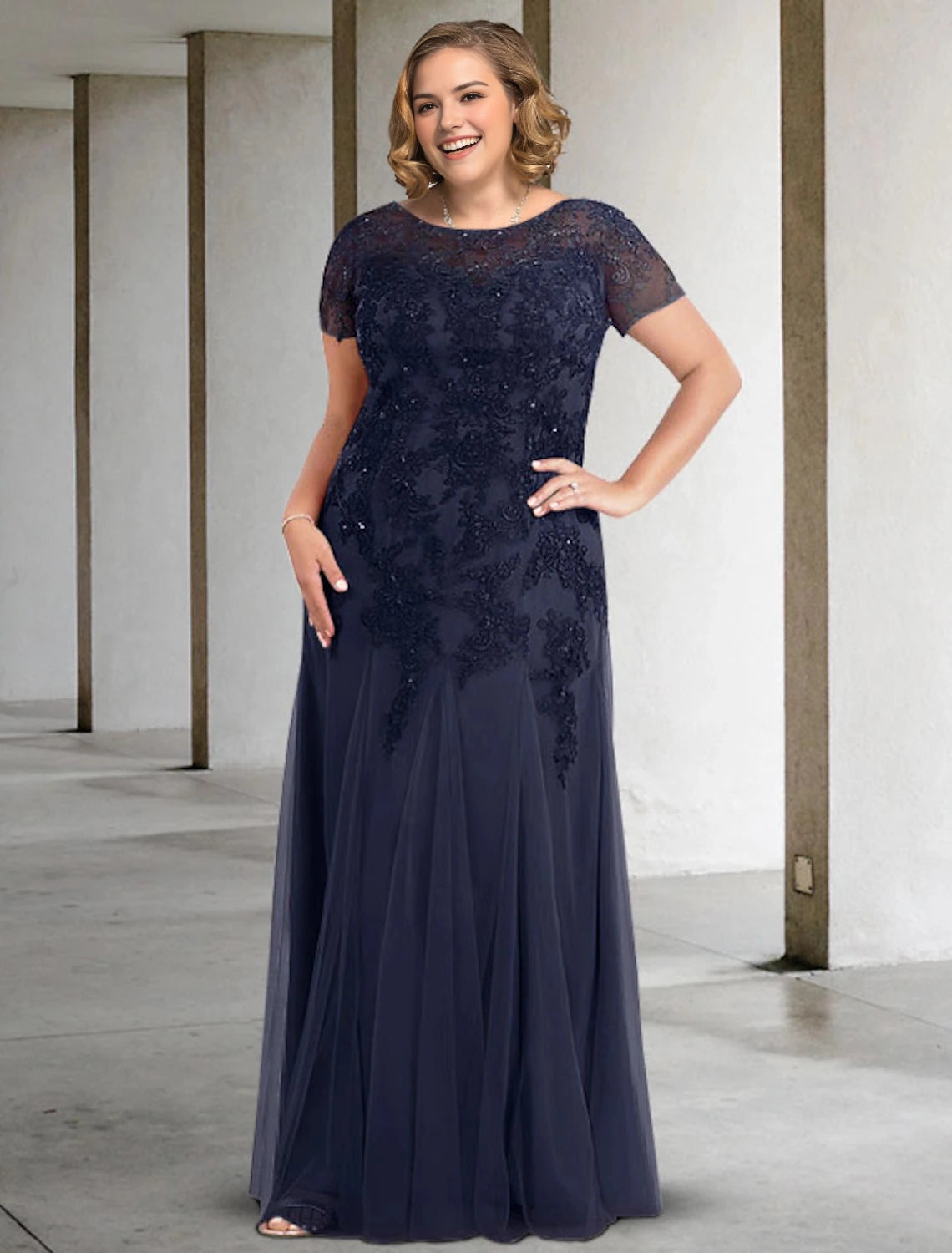 Roselledress navy plus size mother of the bride dress bateau neck short sleeve lace applique a‑line tulle gown front view