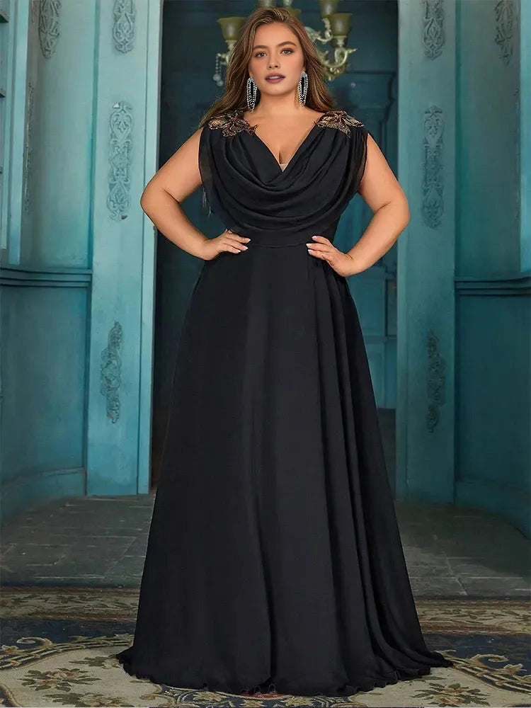 Roselledress black plus size mother of the bride dress cowl neck cap sleeve chiffon a‑line gown with lace appliques front view