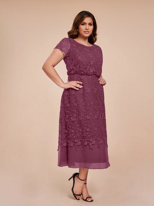 Roselledress plus size mother of the bride dress, elegant a‑line plum lace midi dress with round neck short sleeve for wedding guest