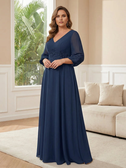 roselledress navy plus size wedding guest dress v neck sheer 3/4 lace sleeve lace applique waist chiffon a‑line floor gown