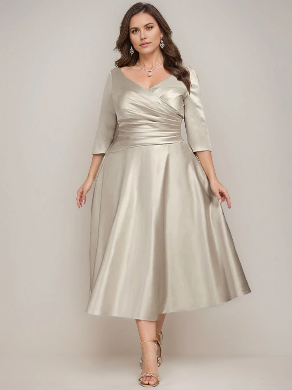 Roselledress plus size champagne mother of the bride dress,A‑line satin v‑neck 3/4 sleeve formal tea‑length gown