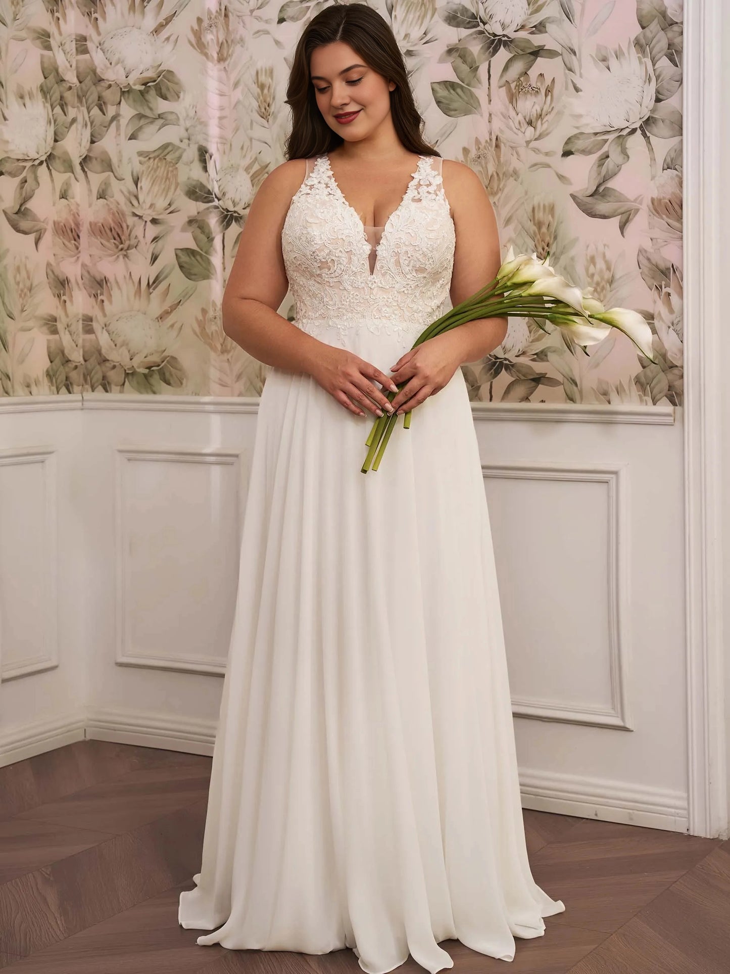 Roselledress plus size a‑line wedding dress deep v neck sleeveless lace bodice chiffon floor‑length bridal gown