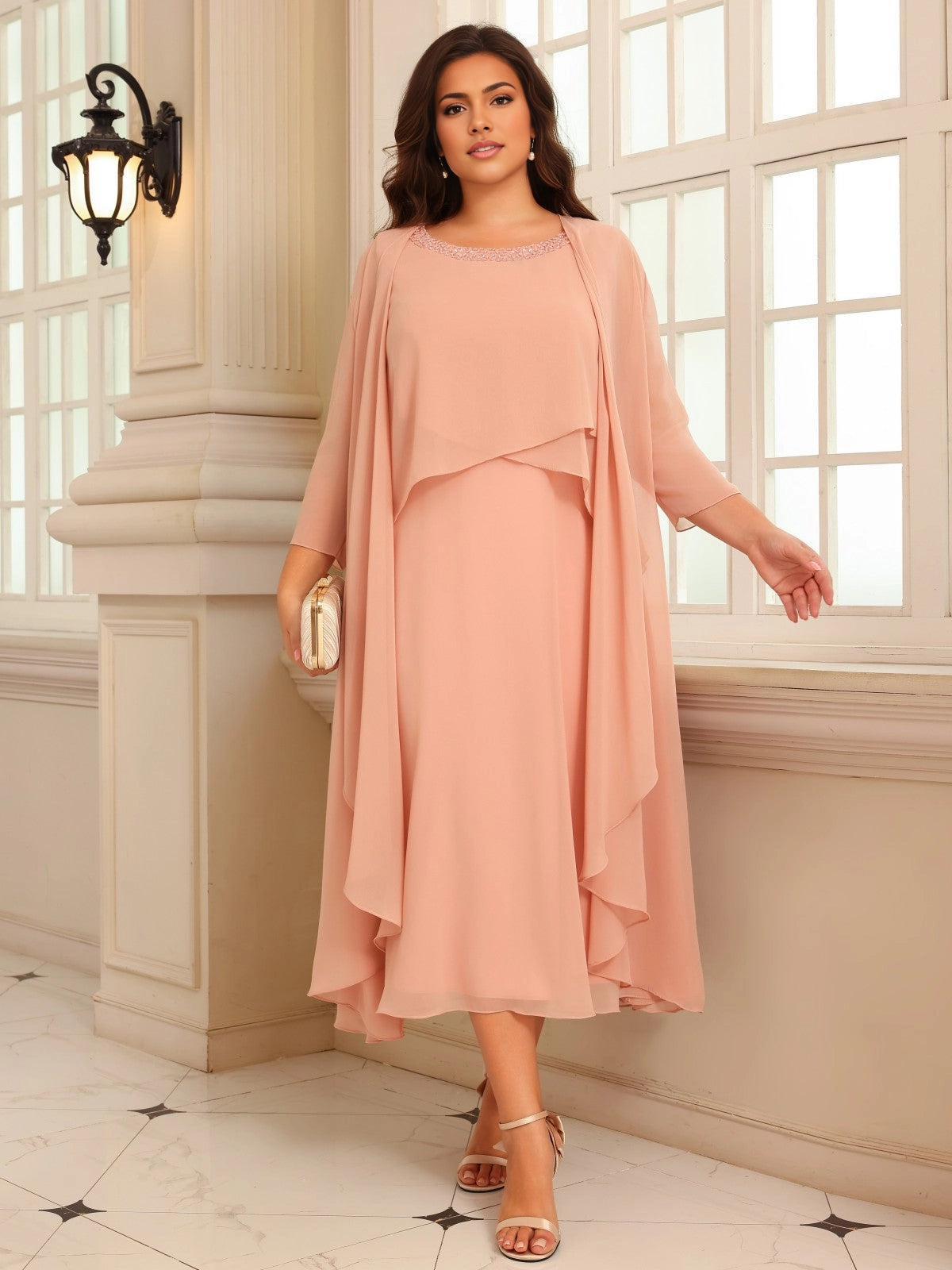 roselledress blush two piece mother of the bride dress beaded round neck chiffon jacket 3/4 sleeve a line midi gown
