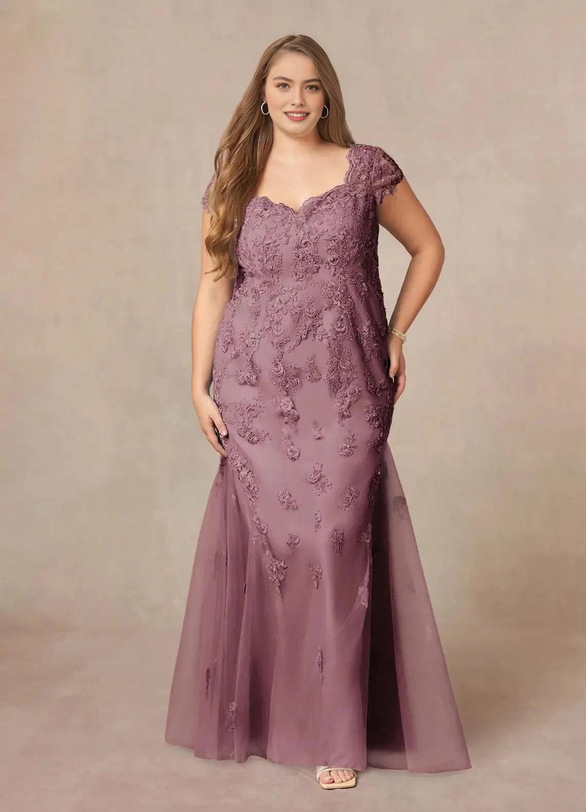 Roselledress dusty mauve plus size mother of the bride dress sweetheart cap sleeve lace mermaid tulle gown front view