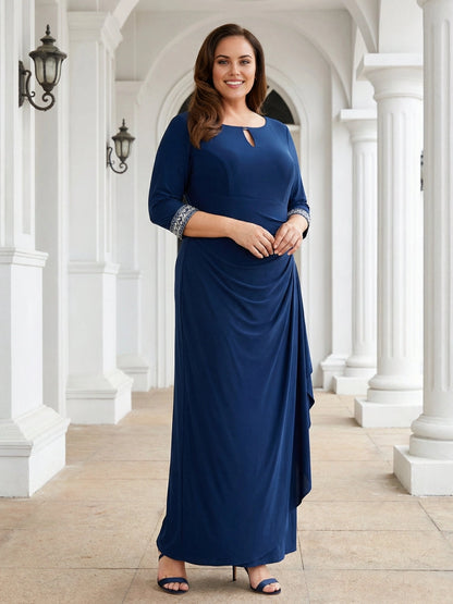 roselledress navy sheath mother of the bride dress keyhole round neck beaded cuff 3/4 sleeve ruched waist floor length gown