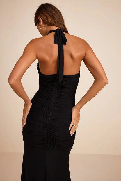 roselledress minimalist black slim formal gown seamless full plain low halter open back neck tie bow vertical center invisible zipper stretch knit date night party dress back view