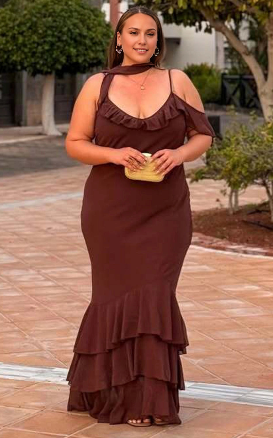 Roselledress chocolate plus size maxi wedding guest dress v neck tiered chiffon gown front view
