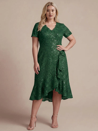 Roselledress dark green plus size prom dress front view, sequin lace wrap v-neck hi-lo ruffle midi formal dress
