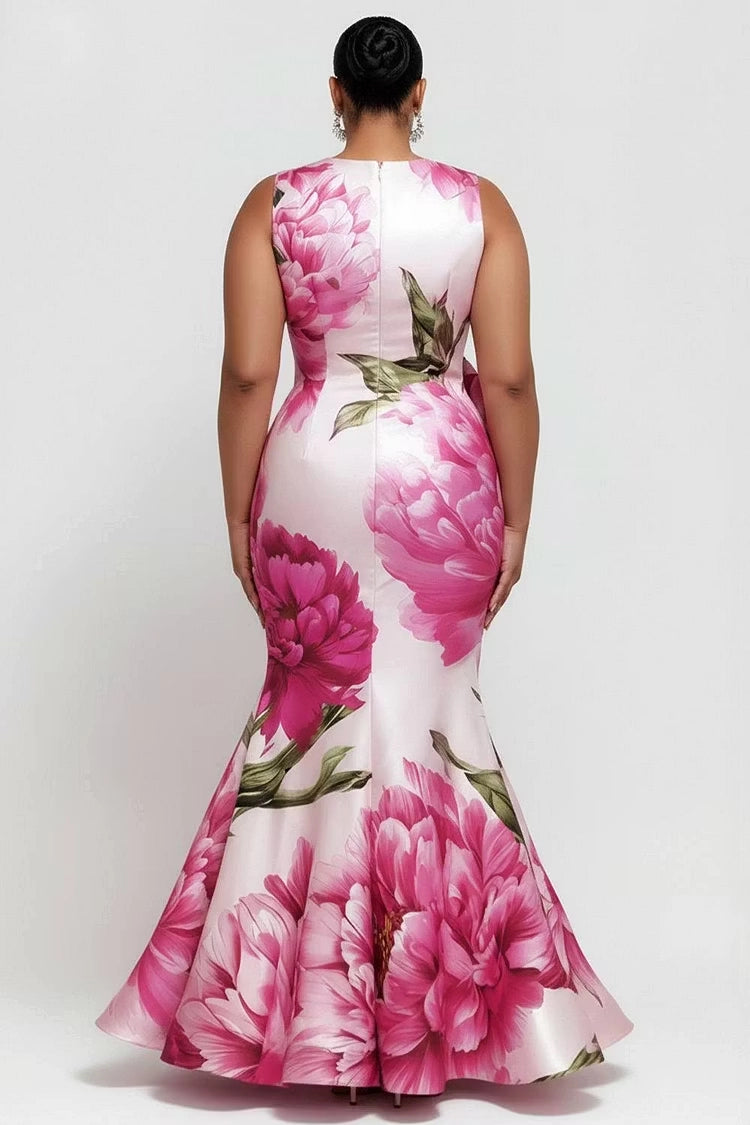 Back view RoselleDress satin floral mermaid dress solid zip back sleeveless plus size wedding guest formal maxi gown