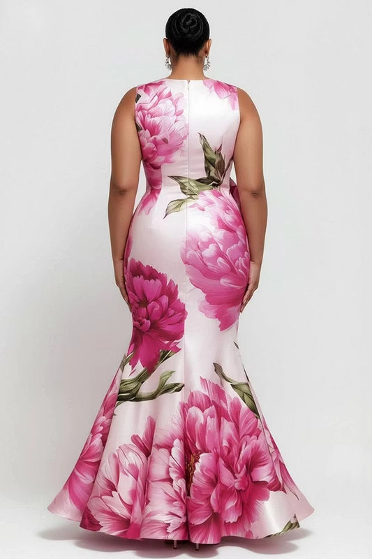 Back view RoselleDress satin floral mermaid dress solid zip back sleeveless plus size wedding guest formal maxi gown