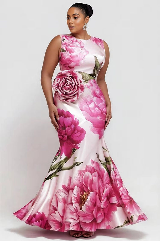 RoselleDress plus size evening dress sleeveless round neck satin pink peony floral print mermaid gown with side 3D rose applique floor length formal dress
