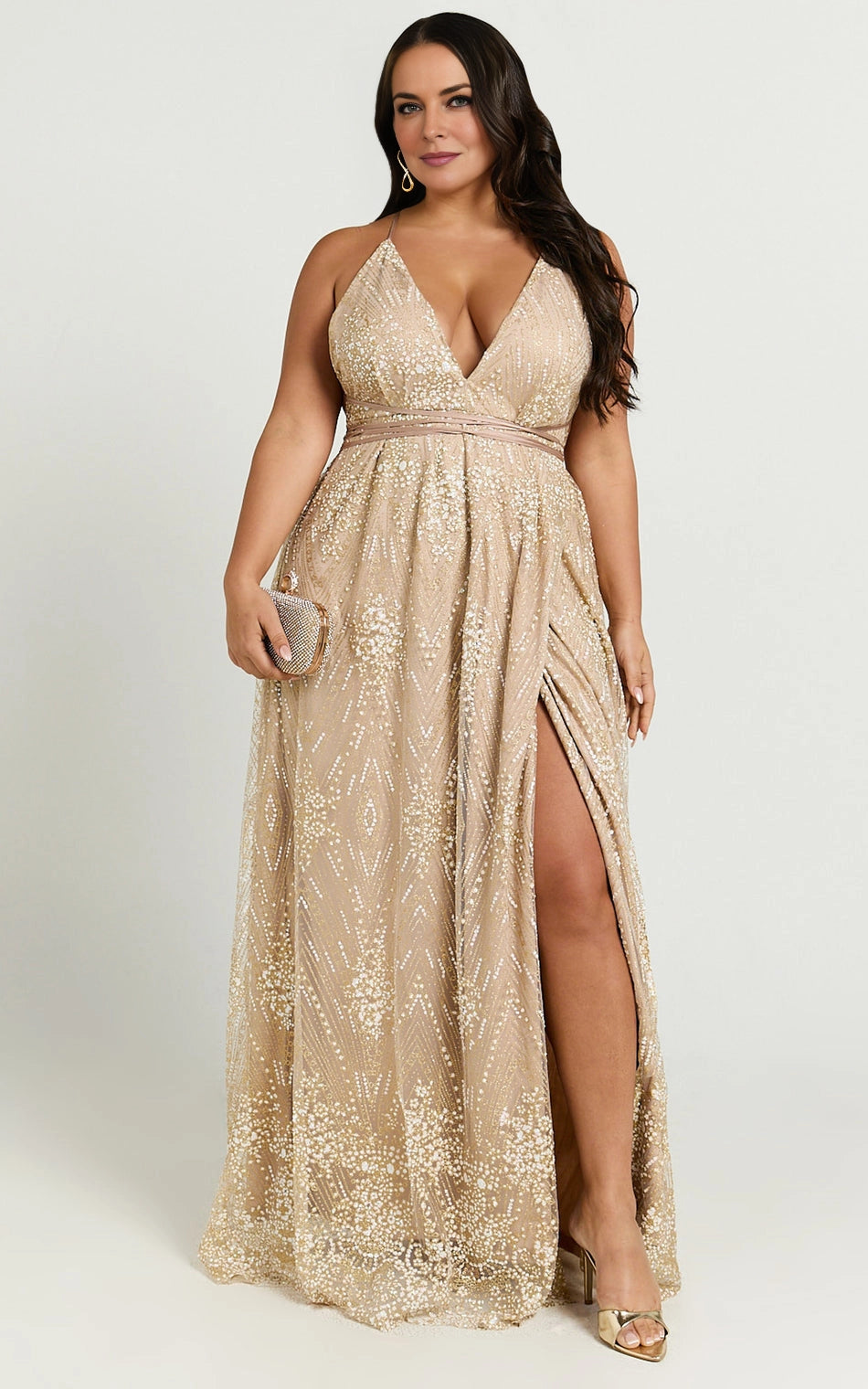 Roselledress champagne plus size maxi wedding guest dress deep v sequin gown front view