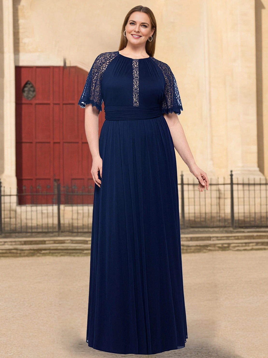 Roselledress navy blue plus size maxi wedding guest dress round neck lace chiffon gown front view