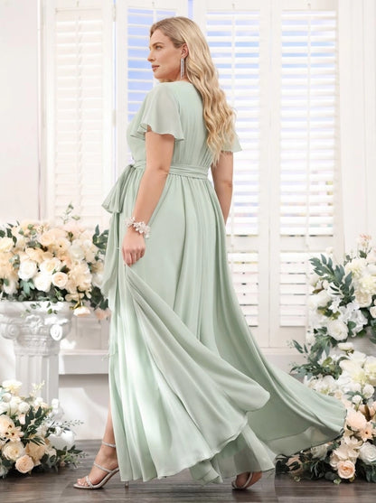 Roselledress sage green chiffon bridesmaid dress side view, flowy plus size long formal dress with waist sash tie