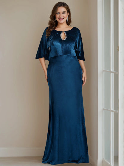 Roselledress peacock blue plus size mother of bride gown front view, rhinestone keyhole neck flutter sleeve velvet mermaid formal dress