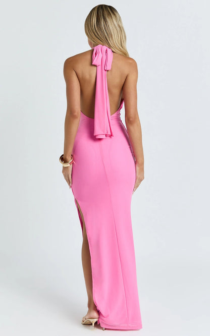 Ruched Halter Tie Back High Slit Bodycon Plus Size Wedding Guest Dress