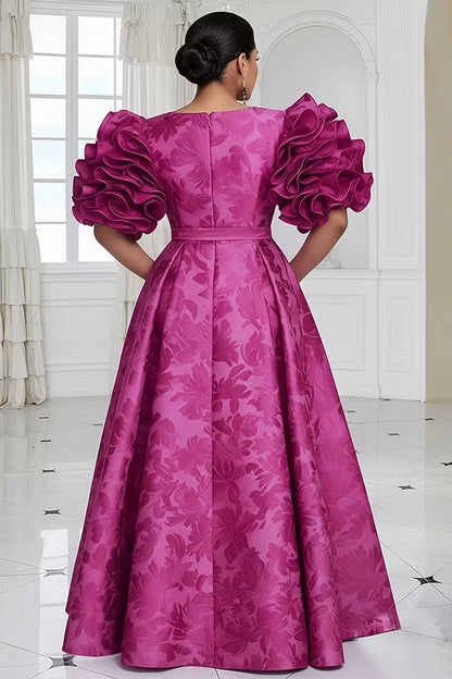Back view RoselleDress magenta jacquard formal dress zip back defined waist ruffle sleeves elegant plus size wedding guest maxi gown