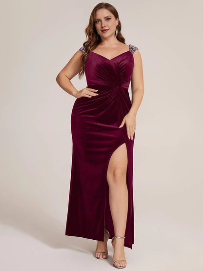 Roselledress burgundy velvet plus size prom dress front view, beaded strap twist waist high slit mermaid formal gown