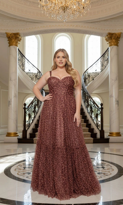 Roselledress plus size leopard print prom dress front view, sweetheart neckline tiered tulle a‑line formal gown