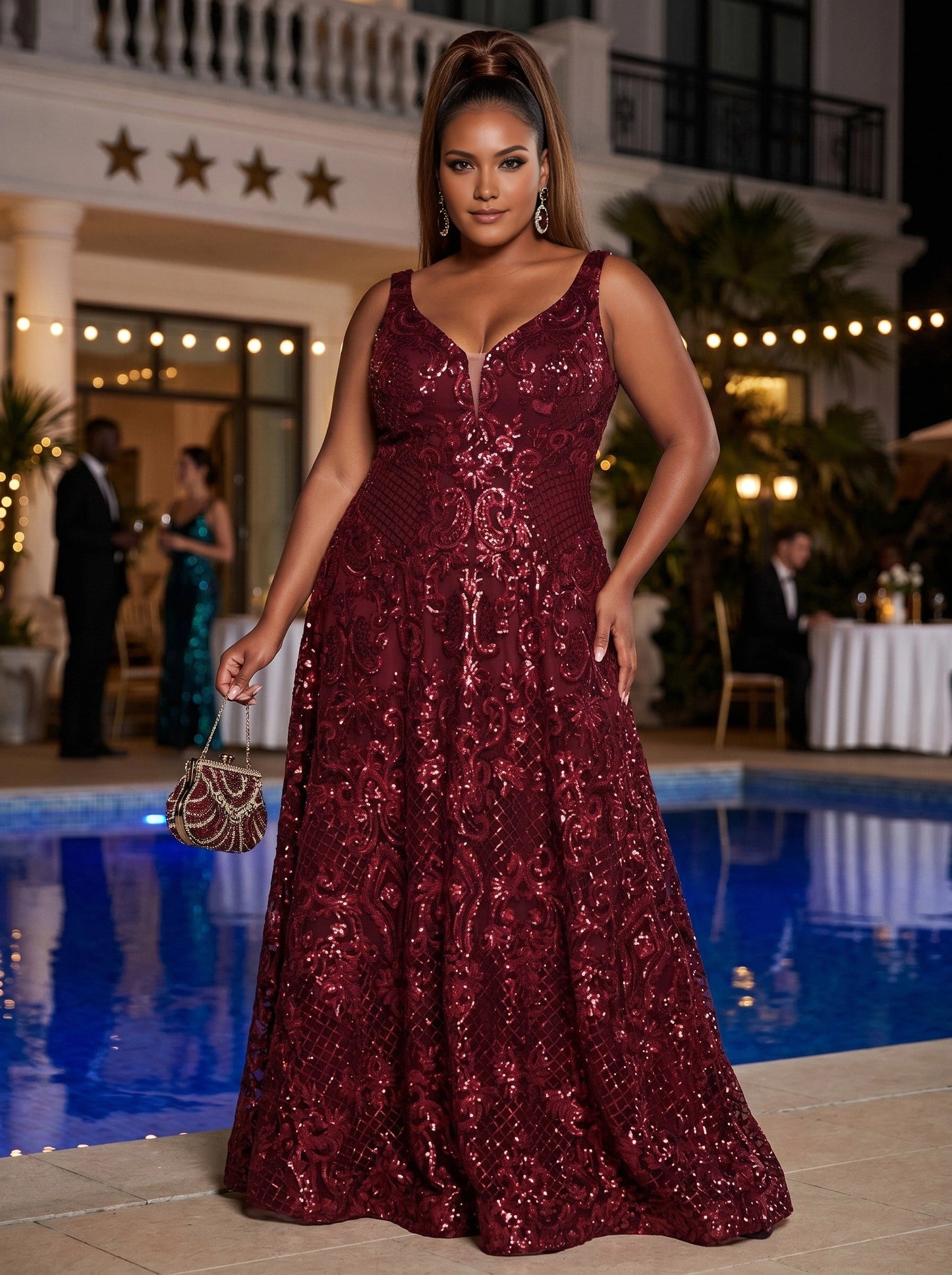 Roselledress burgundy plus size prom dress sleeveless v neck ornate sequin lace a line maxi gown front view