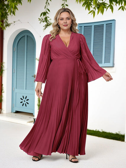 Roselledress burgundy plus size wedding guest dress v neck bell sleeve pleated floor‑length a‑line gown front view
