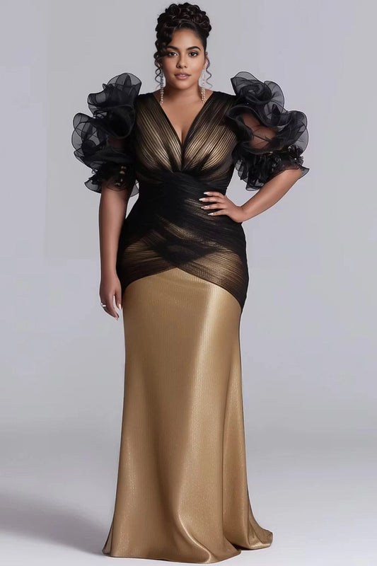 Roselledress black gold plus size mermaid gown deep v neck layered organza ruffle sleeves metallic mesh wrap waist long formal dress front view
